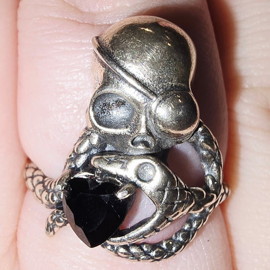 Black Spinel Quartz and 925 Silver Adjustable Octopus Ring