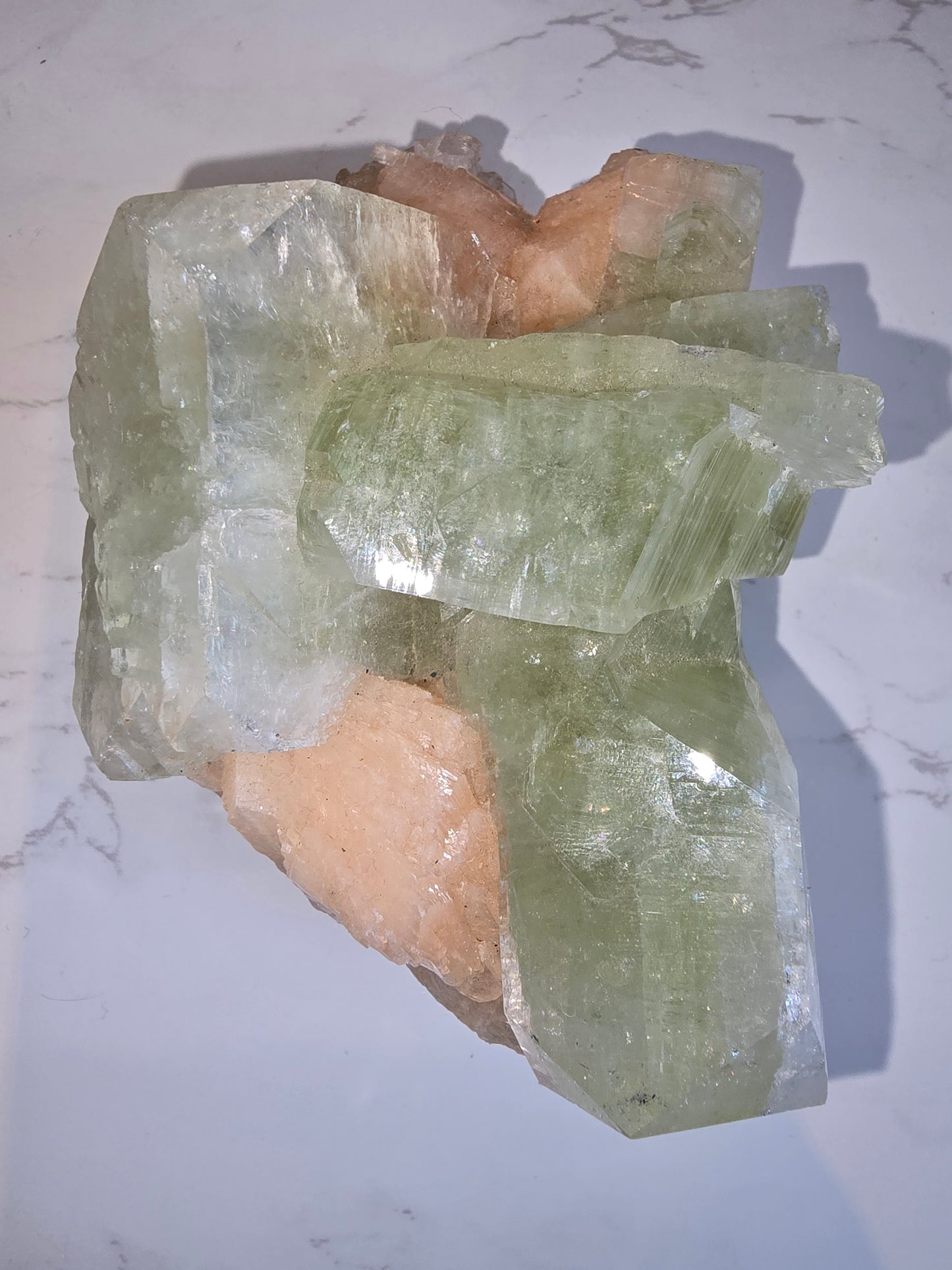 XL Green Cubic Apophyllite with Peach Stilbite