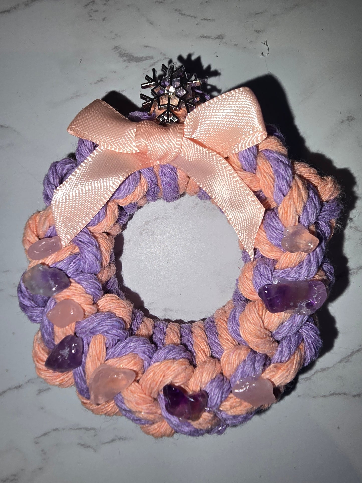 Small Macramé Christmas Wreath Decoration - Rose Quartz and Amethyst