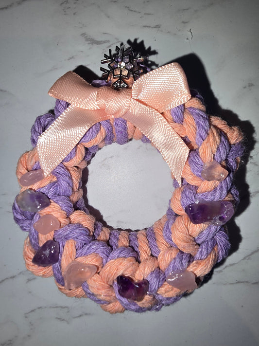 Small Macramé Christmas Wreath Decoration - Rose Quartz and Amethyst