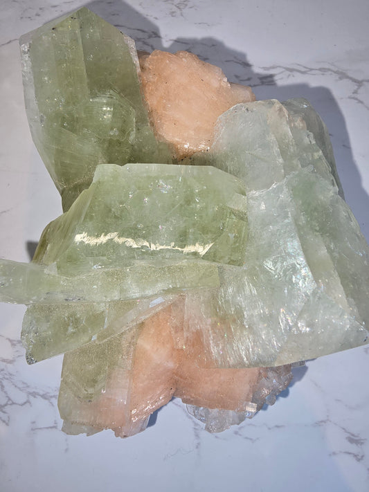 XL Green Cubic Apophyllite with Peach Stilbite