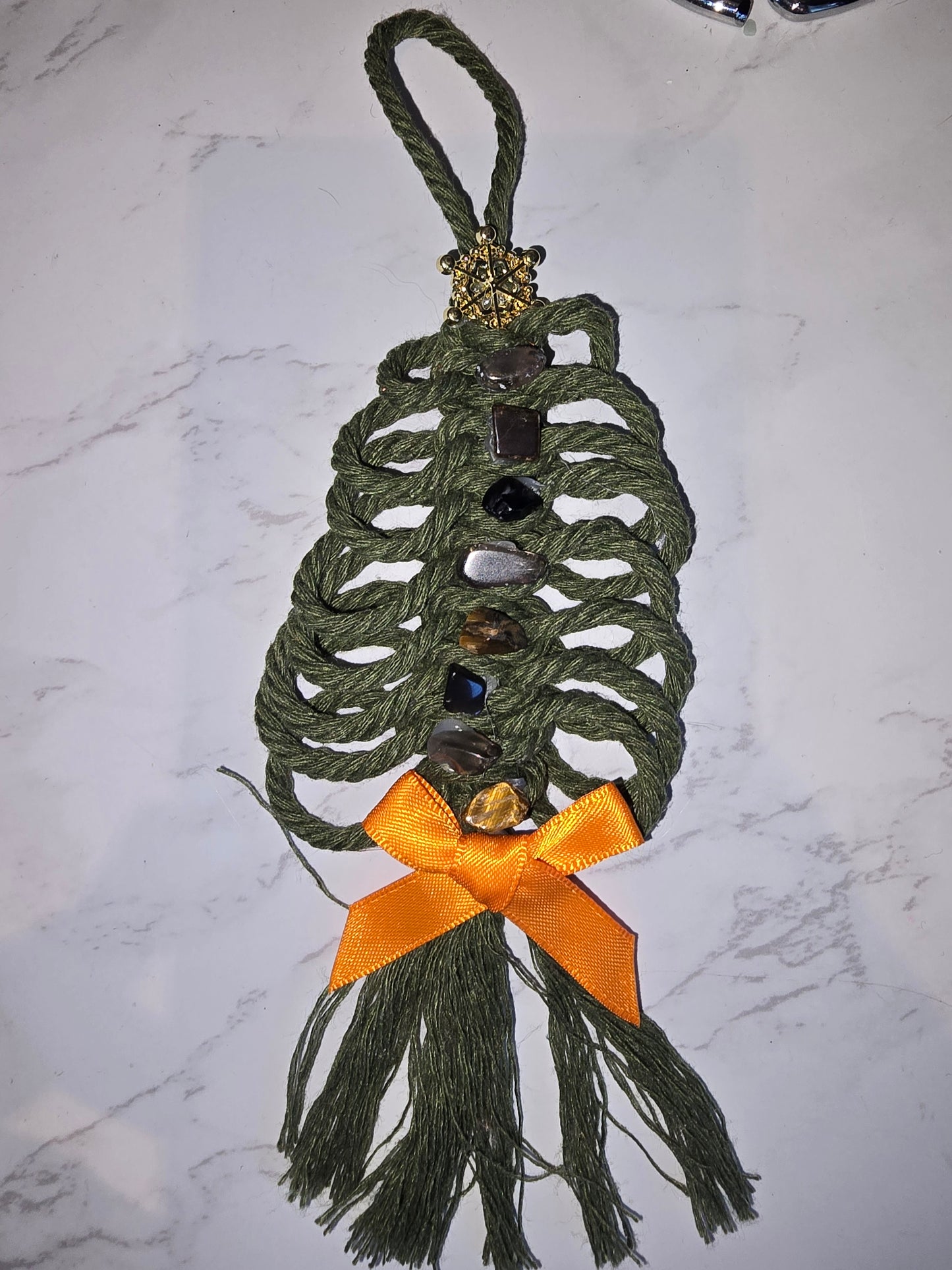 Macramé Christmas Tree Decoration - Tigers Eye, Obsidian and Smoky Quartz