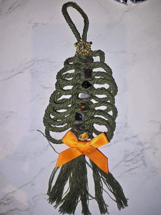 Macramé Christmas Tree Decoration - Tigers Eye, Obsidian and Smoky Quartz